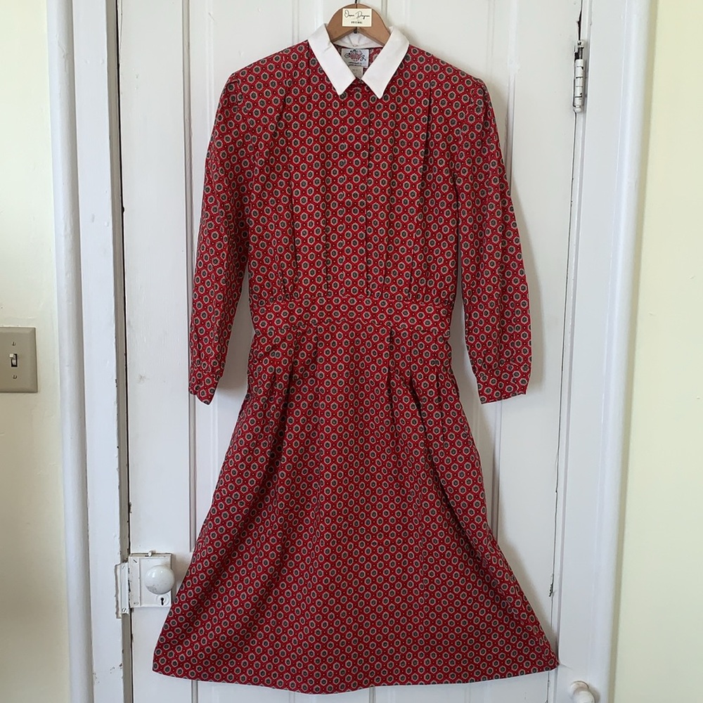 Vintage 1980 Lanz Originals Collared Red Polka Dot Dress 14
